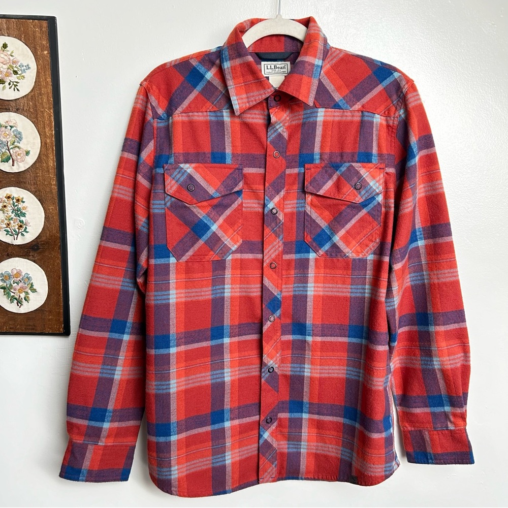 LL Bean Wool Blend Snap Button Plaid Flannel Western Shirt Relaxed Men’s Small